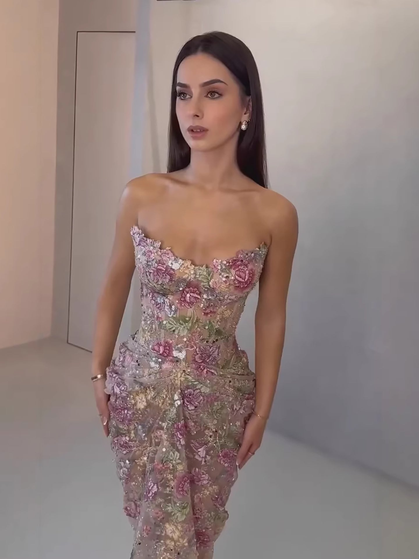 Luxury Saudi Arabic Pink 3D Flower Strapless Beaded Mermaid Evening Dress LA73552