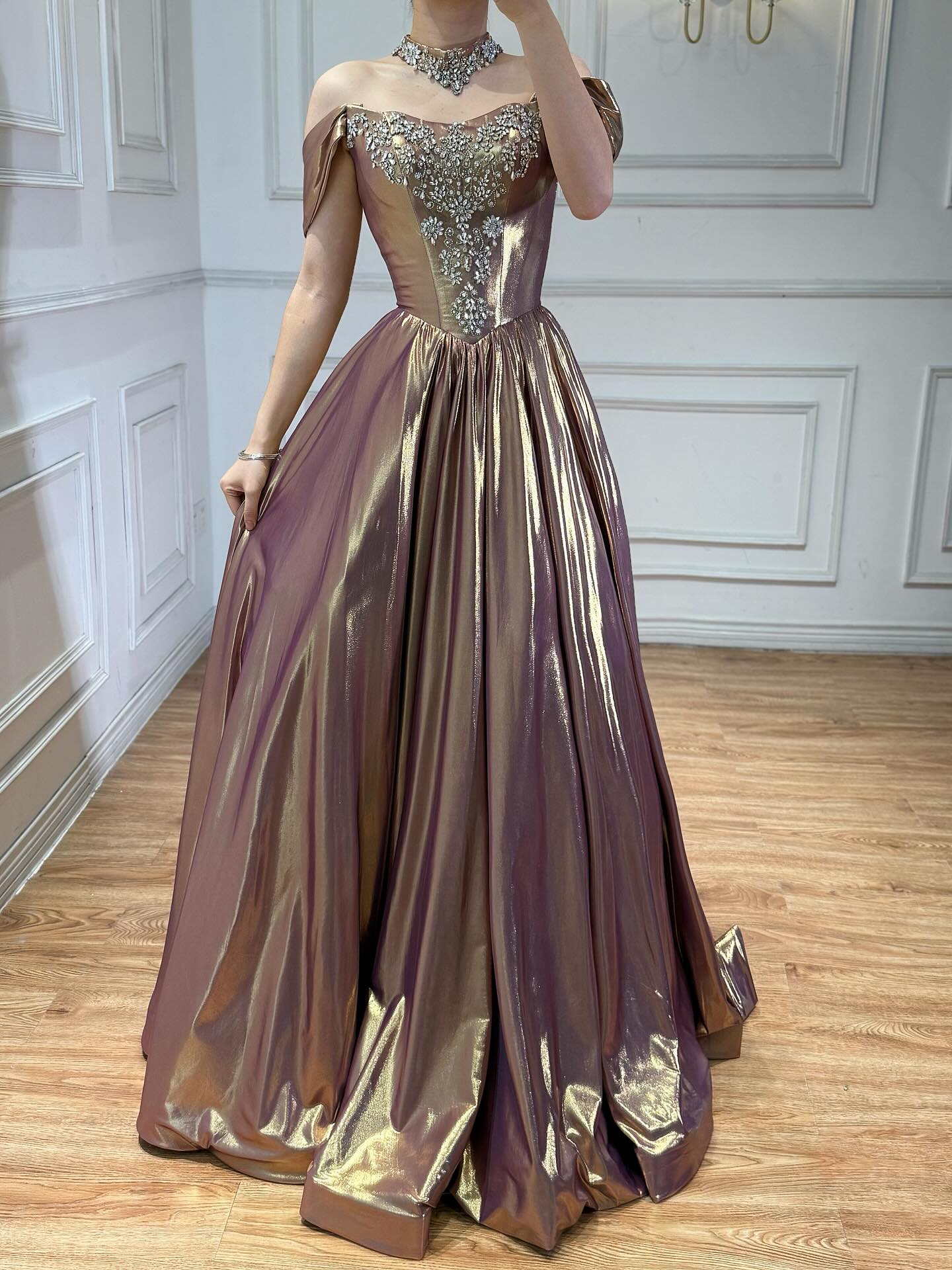 Luxury Purple Gold Crystal Beaded A Line Evening Dress LA73588