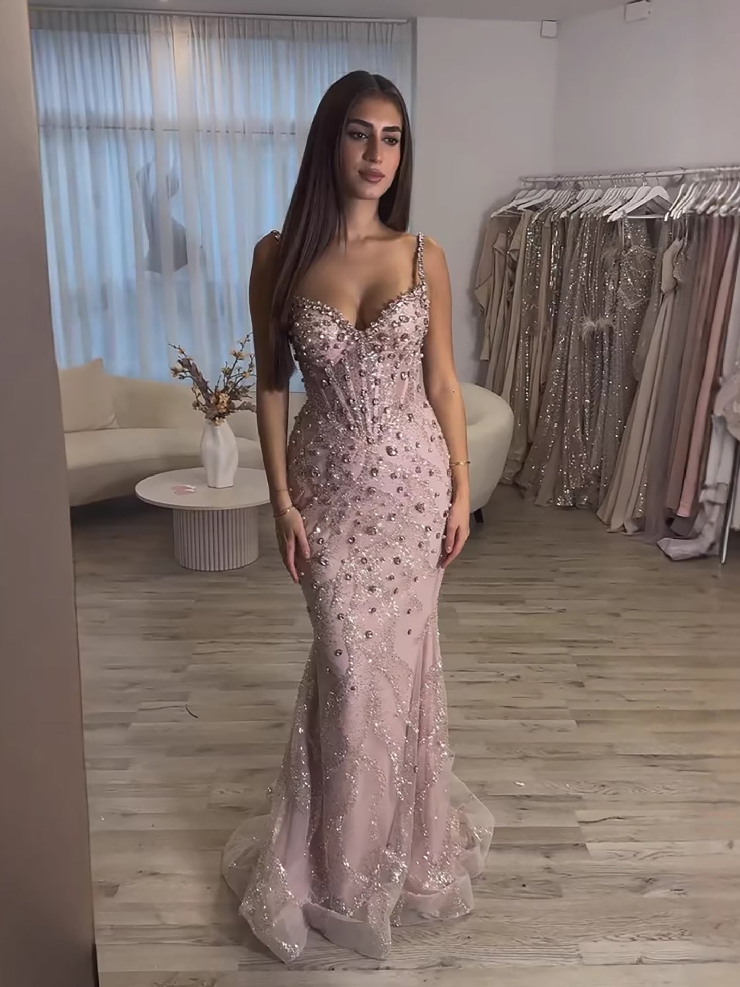 Luxury Pink Beaded Crystal Mermaid Evening Dress LA73621