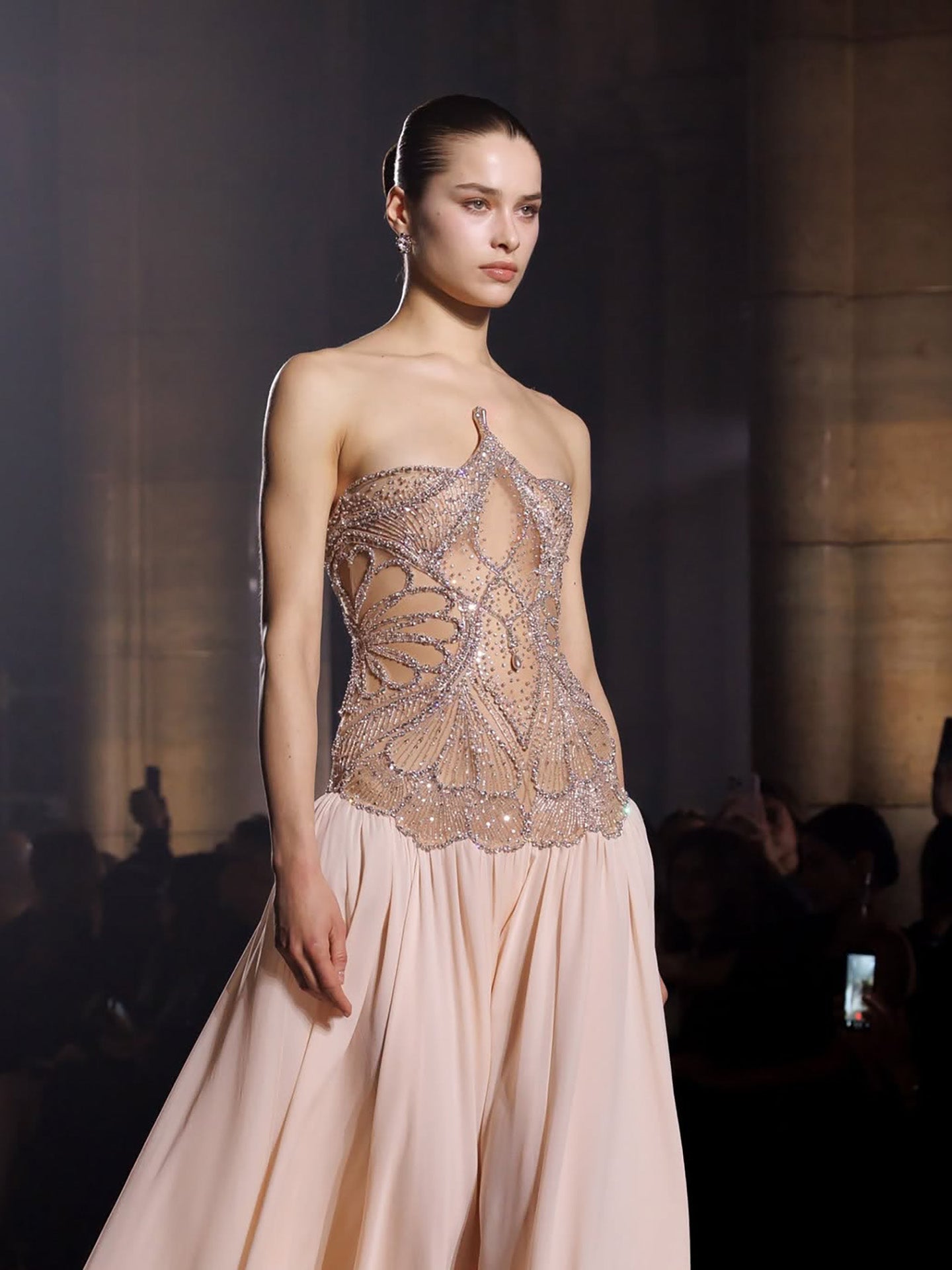 Luxury Nude Pink Beaded A-Line Evening Dress LA73623