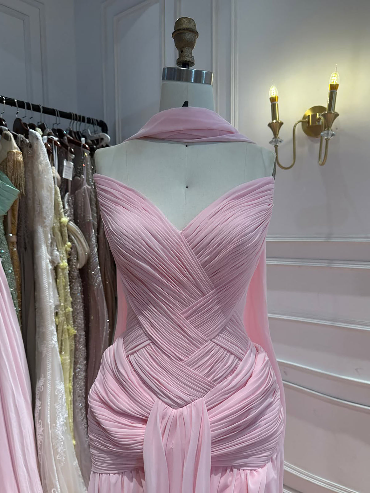 Pink Chiffon A-Line Evening Dress with Scarf LA73655