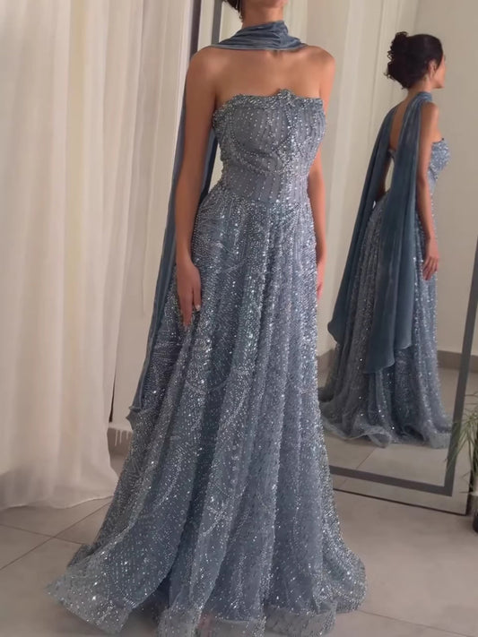 Luxury Blue Beaded A-Line Evening Dress with Cape Scarf LA73668