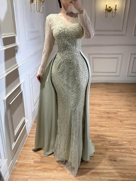 Luxury Sage Green Beaded Long Sleeve Overskirt Mermaid Dress LA73682