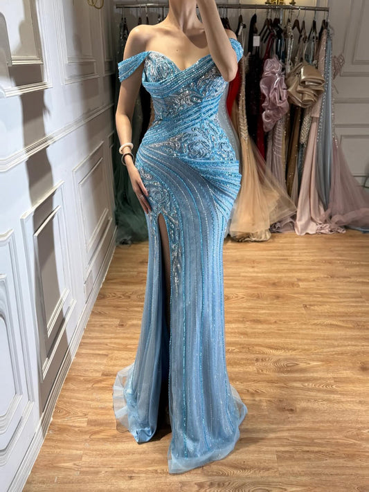 Luxury Blue Beaded Off Shoulder Mermaid Slit Dress LA73718