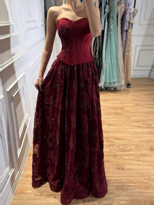 Luxury Wine Red Strapless Beaded Corset A-Line Evening Dress LA73775