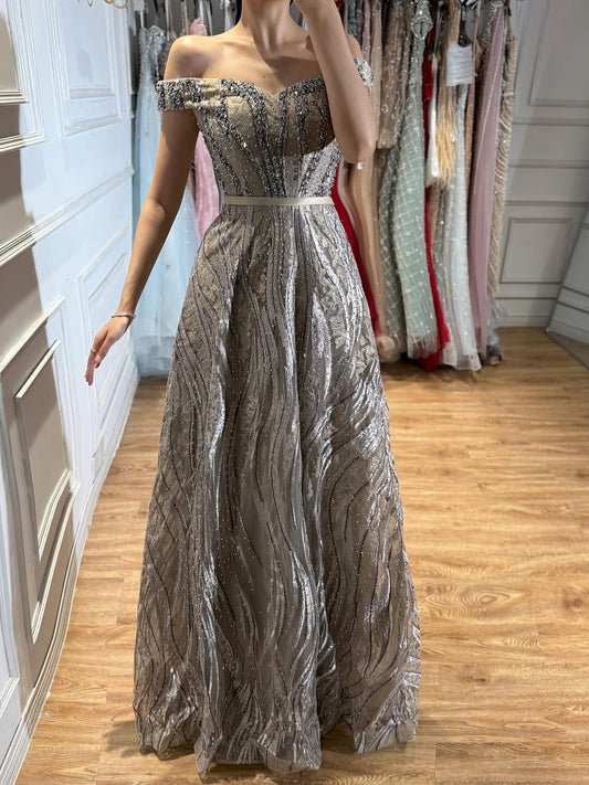 Luxury Caramel Off the Shoulder Beaded A Line Evening Dress LA73811
