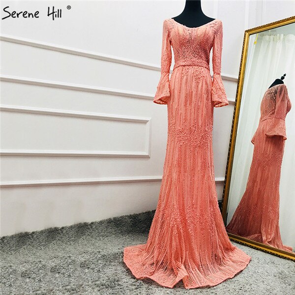 On Sale no return no refundSale Long Sleeves Fashion Luxury Evening Dresses V-Neck Mermaid Pearls Crystal Sexy Evening Gowns Luxury Dubai LA6489