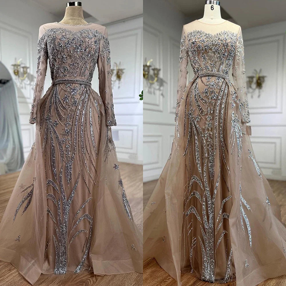 Muslim Mermaid Nude With Overskirt Beaded Dubai Evening Dresses Gowns For Wedding Party LA71943