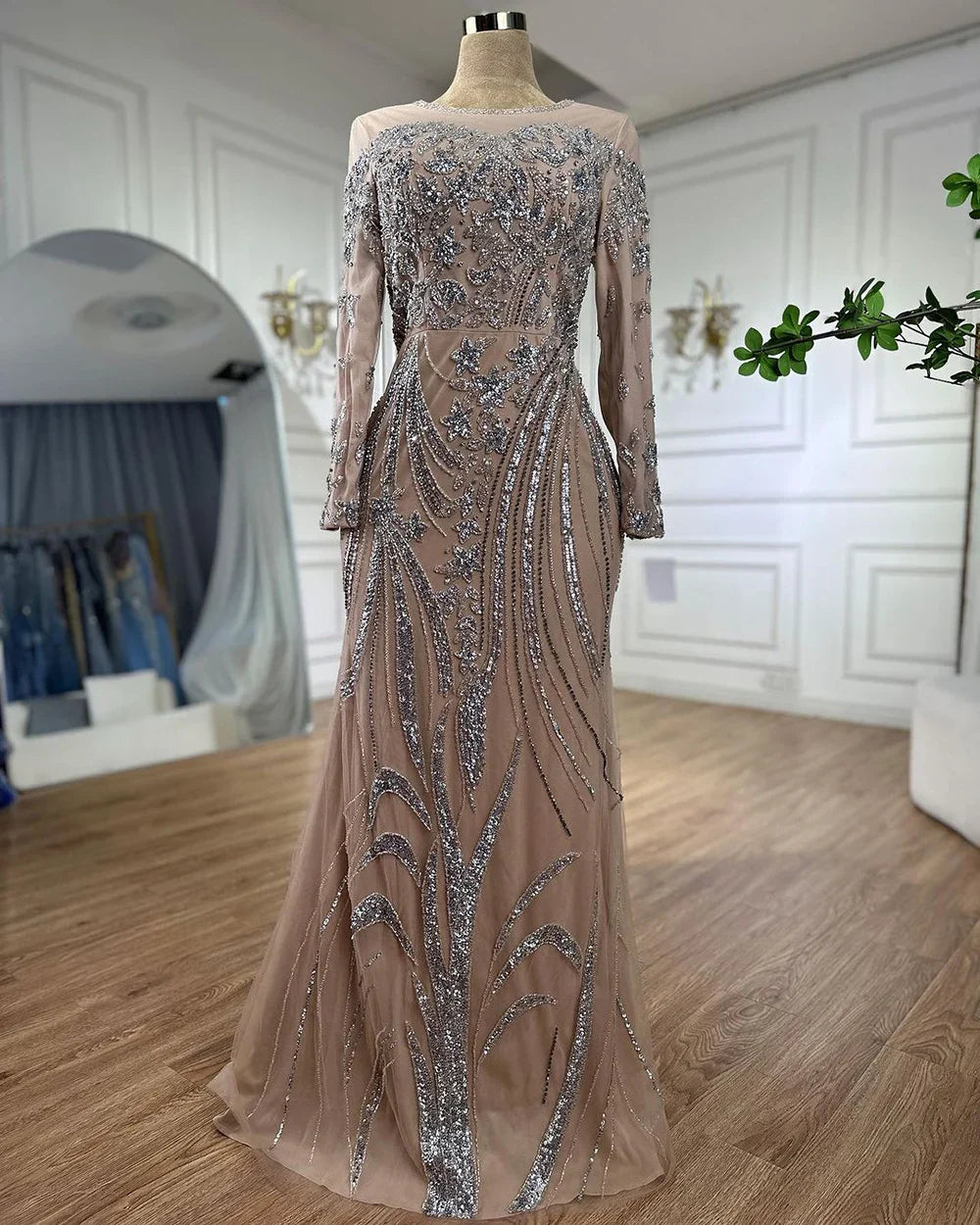 Muslim Mermaid Nude With Overskirt Beaded Dubai Evening Dresses Gowns For Wedding Party LA71943