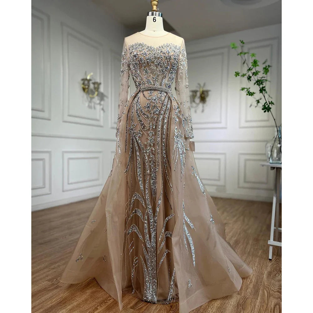 Muslim Mermaid Nude With Overskirt Beaded Dubai Evening Dresses Gowns For Wedding Party LA71943