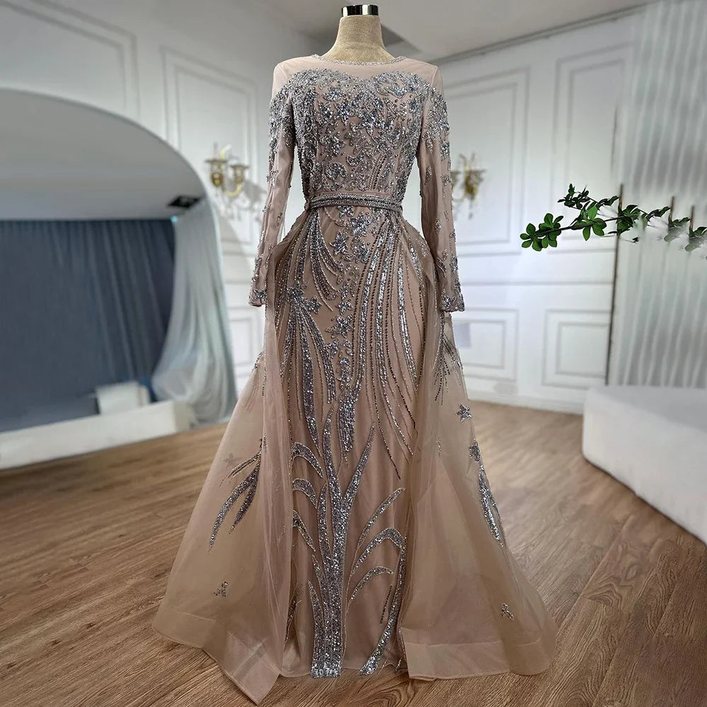 Muslim Mermaid Nude With Overskirt Beaded Dubai Evening Dresses Gowns For Wedding Party LA71943