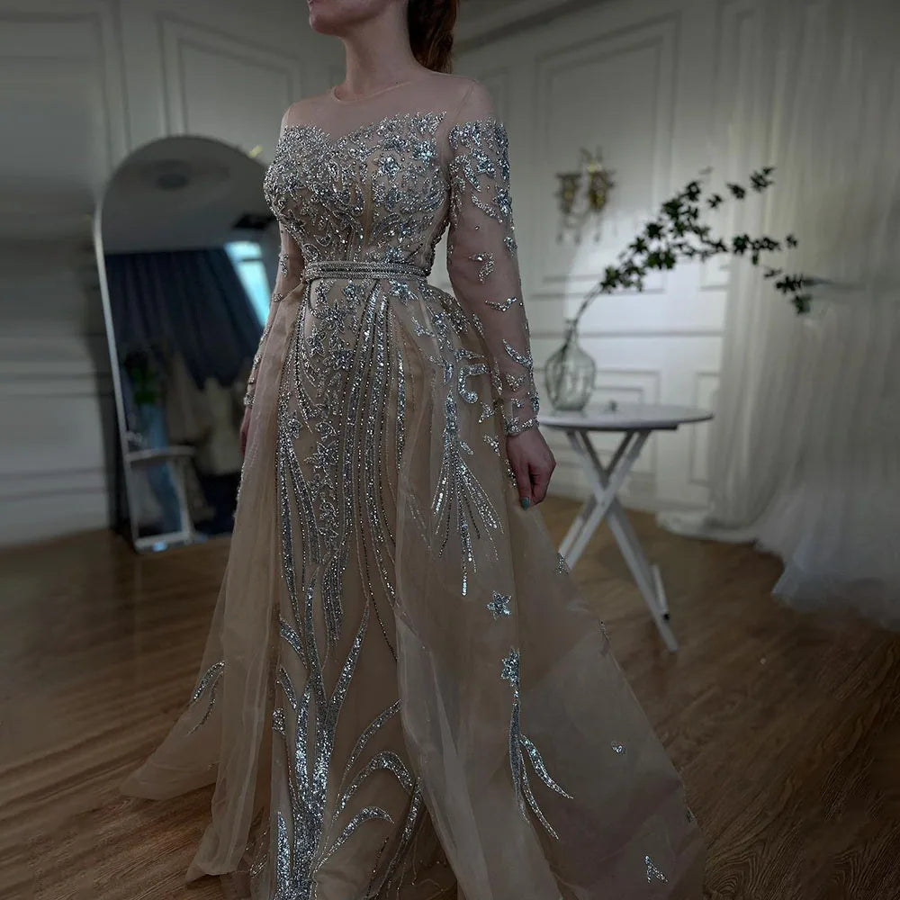 Muslim Mermaid Nude With Overskirt Beaded Dubai Evening Dresses Gowns For Wedding Party LA71943