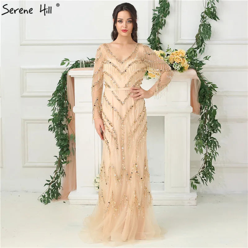 Newest Designer Gold V-Neck Evening Dresses Mermaid Long Sleeves Tassel Beading Fashion Evening Gowns LA6631