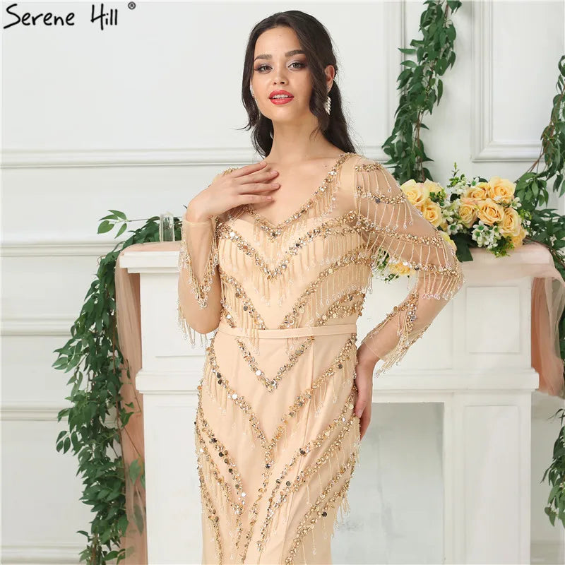 Newest Designer Gold V-Neck Evening Dresses Mermaid Long Sleeves Tassel Beading Fashion Evening Gowns LA6631