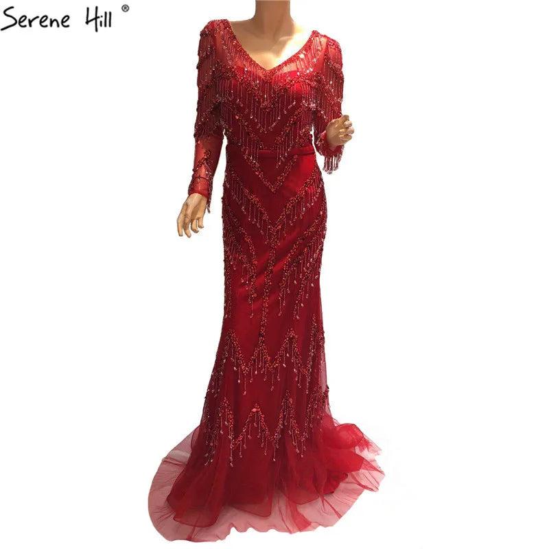 Newest Designer Gold V-Neck Evening Dresses Mermaid Long Sleeves Tassel Beading Fashion Evening Gowns LA6631