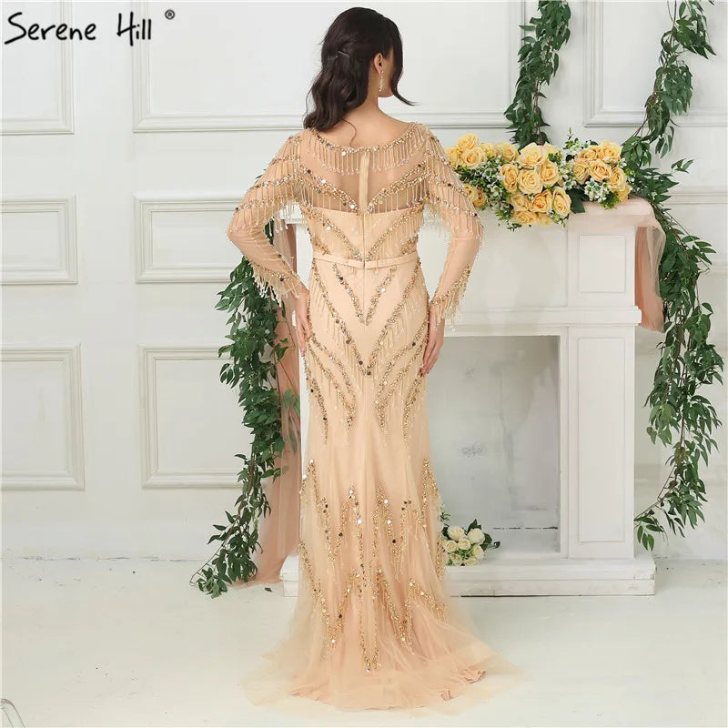 Newest Designer Gold V-Neck Evening Dresses Mermaid Long Sleeves Tassel Beading Fashion Evening Gowns LA6631