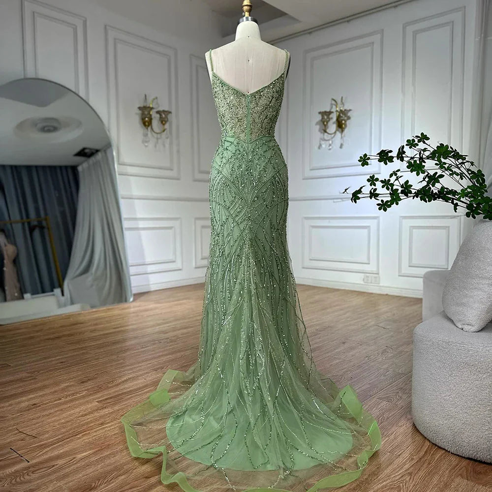 Sage Green Beaded Evening Dress Detachable Overskirt Party LA72733A