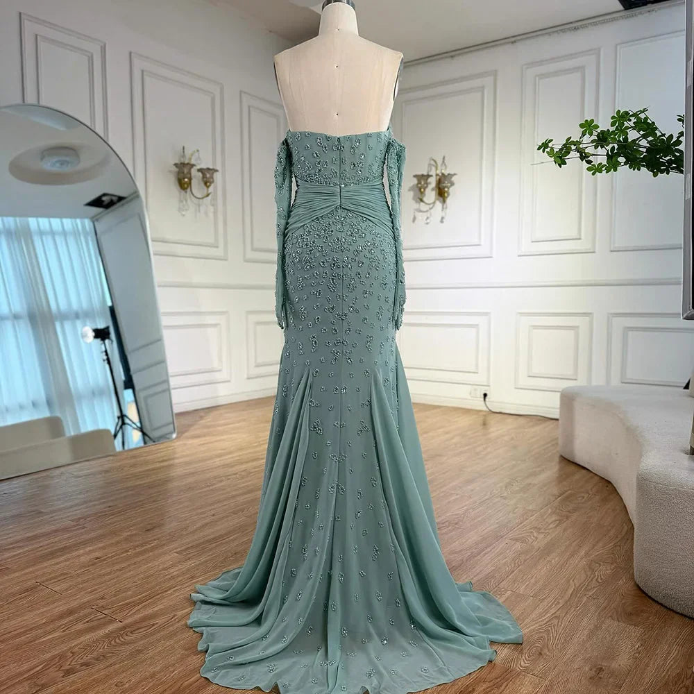 Luxury Turquoise Strapless Beaded Evening Dress with Gloves LA72933