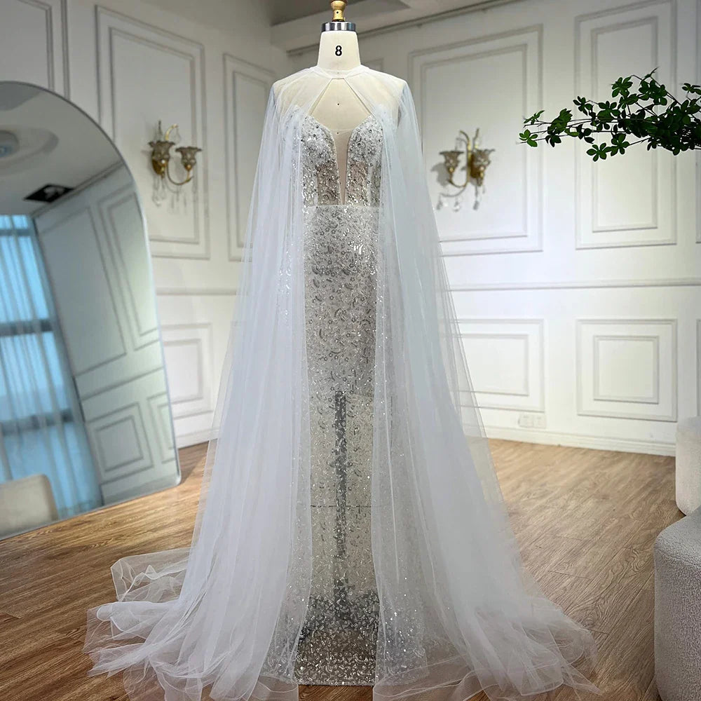 Luxury White Sequin Mermaid Evening Dress with Cape LA72996