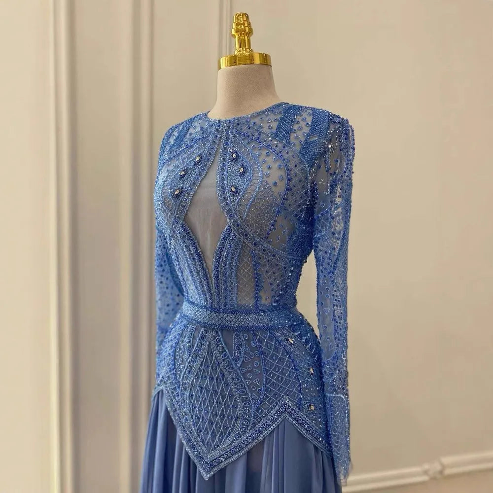 Luxury Designer Blue Beaded Evening Dress with Long Sleeves LA72962