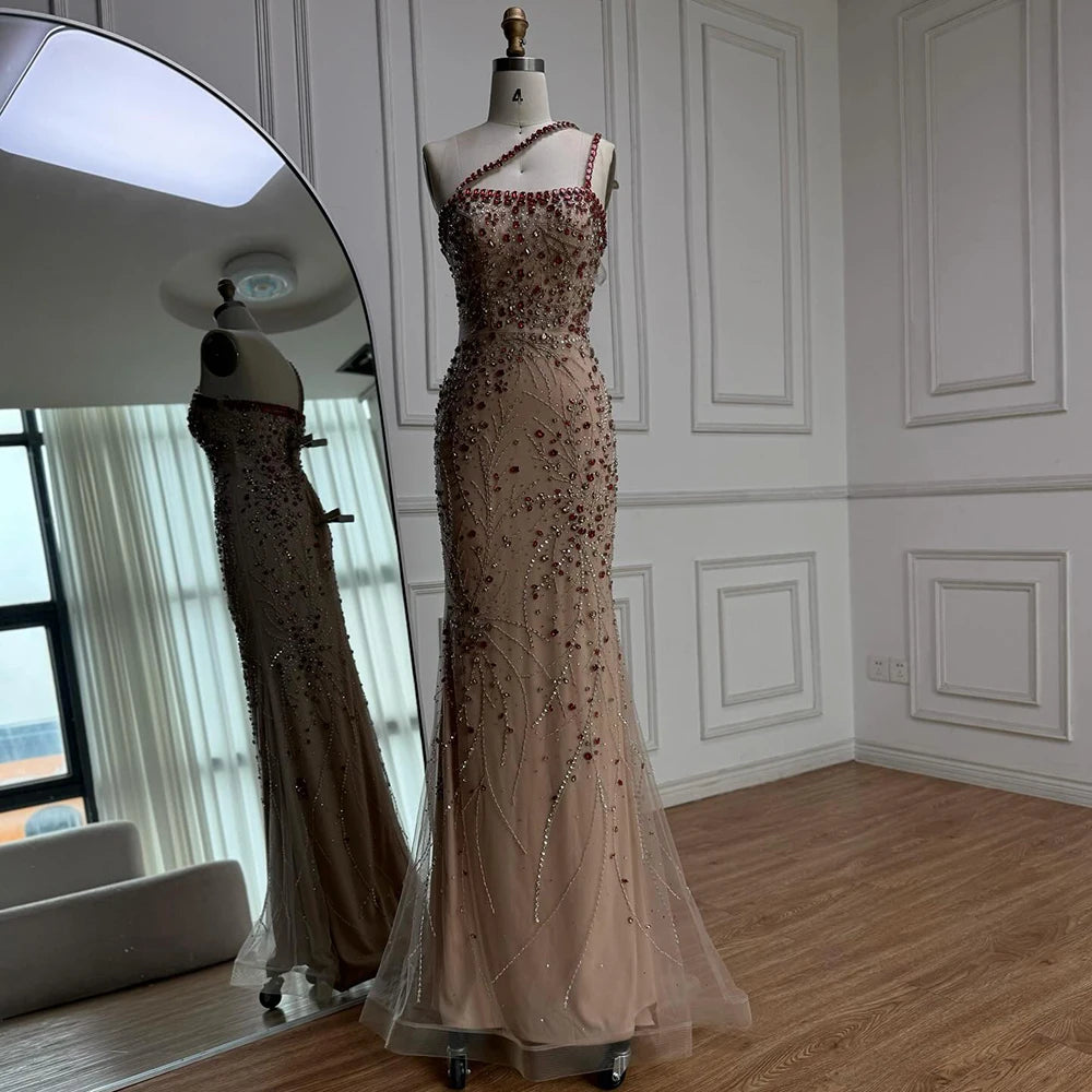 Luxury Red Saudi Arabic Crystal Beaded One Shoulder Evening Dress LA73135