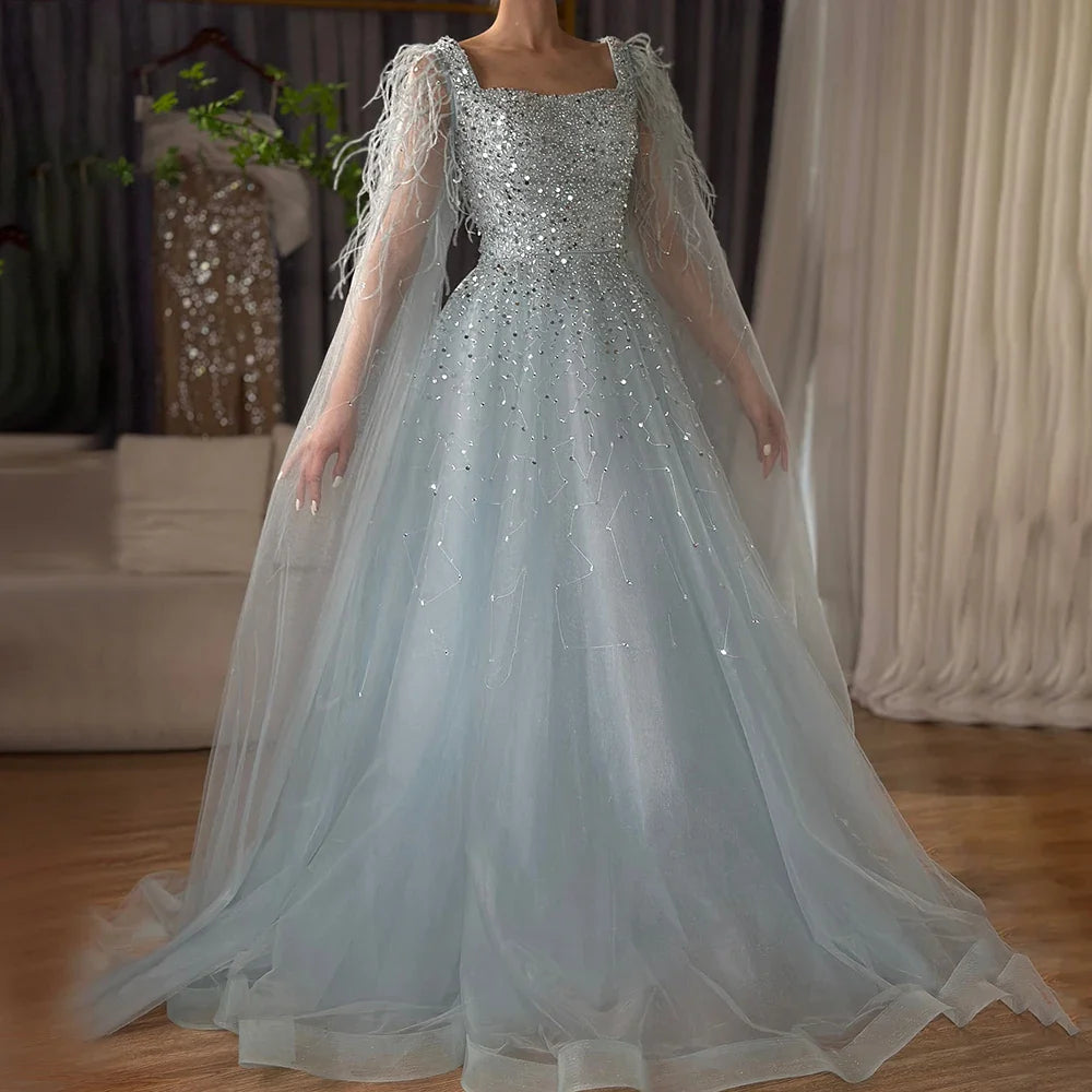 Luxury Blue A-Line Feathers Beaded Evening Dress with Cape Sleeves LA71782A