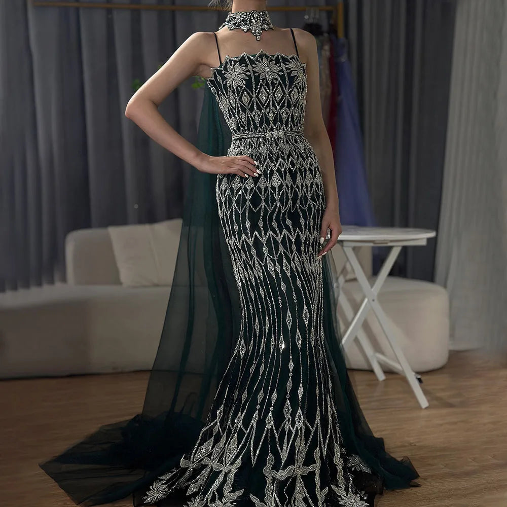Luxury Nude Beaded Mermaid Evening Dress with Cape LA72711