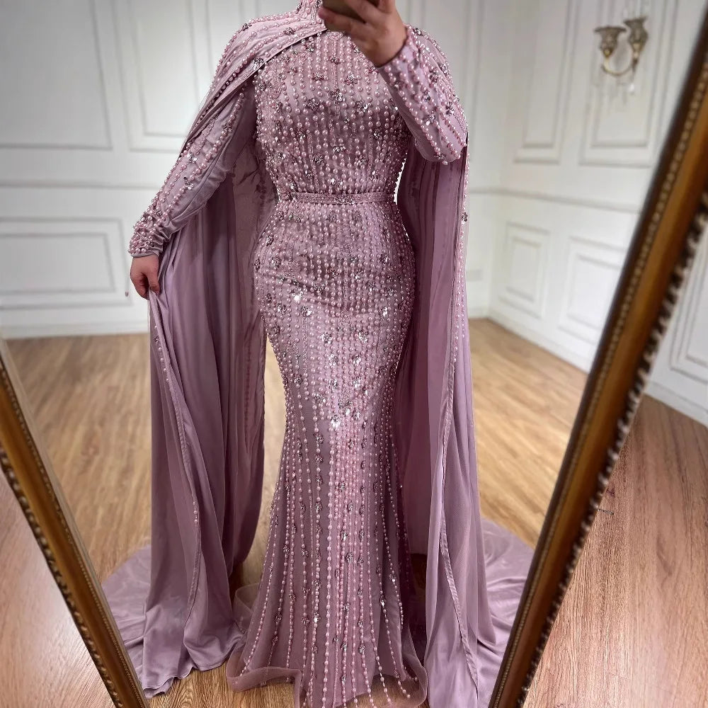 Modest Blue Muslim Beaded Evening Gown with Cape Sleeves LA72533