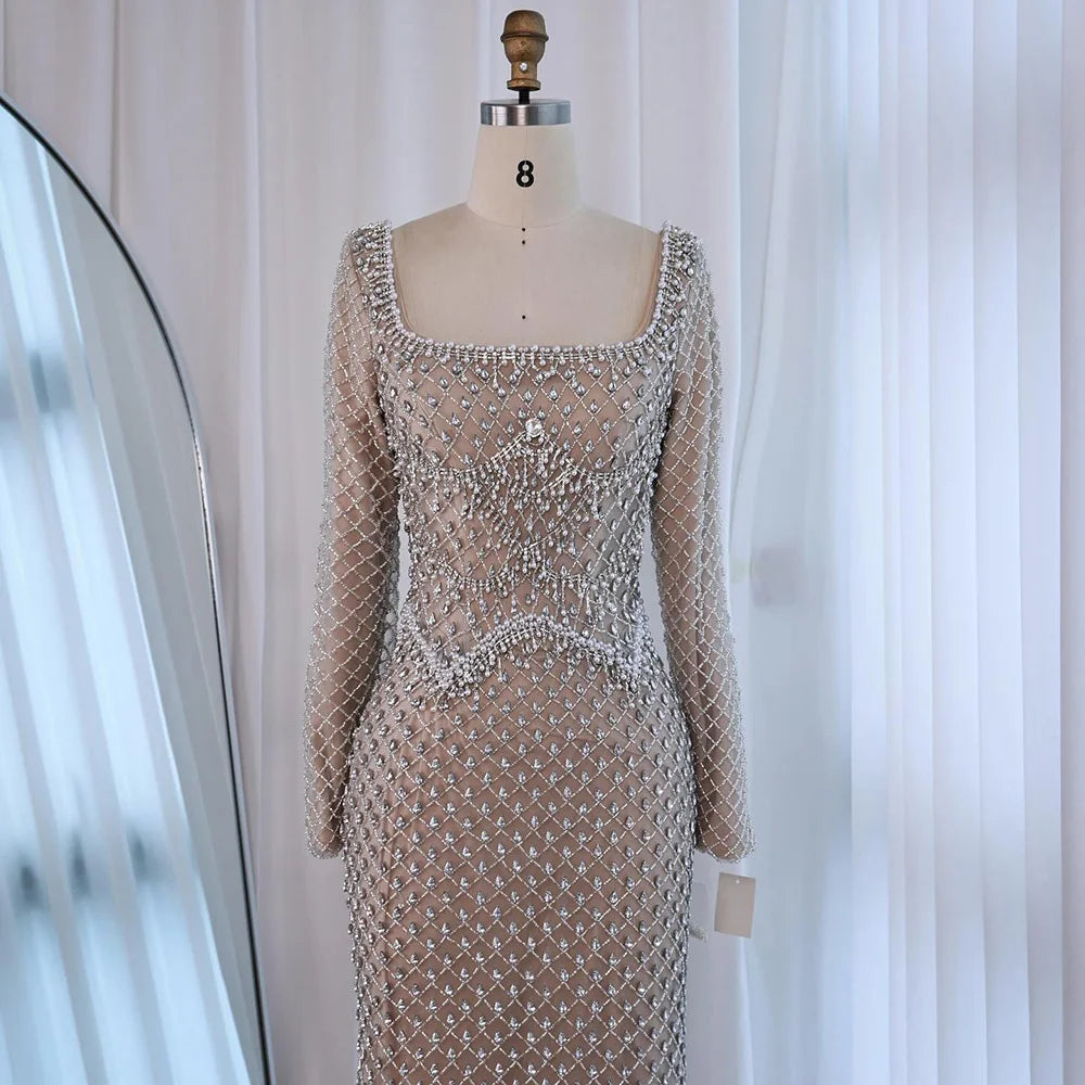 Modest Pearl Beaded Mermaid Evening Dress with Long Sleeves LA72919A