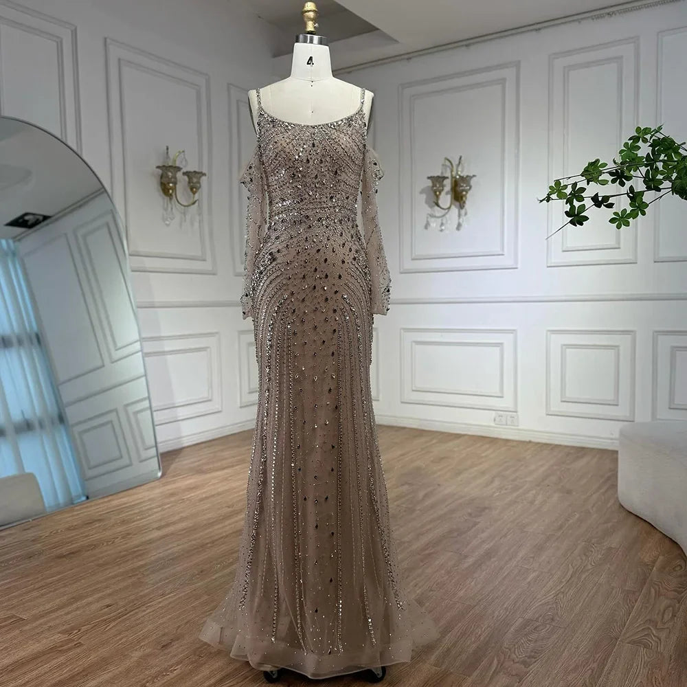 Luxury Nude Navy Blue Silver Beaded Evening Dress with Long Sleeves LA73120