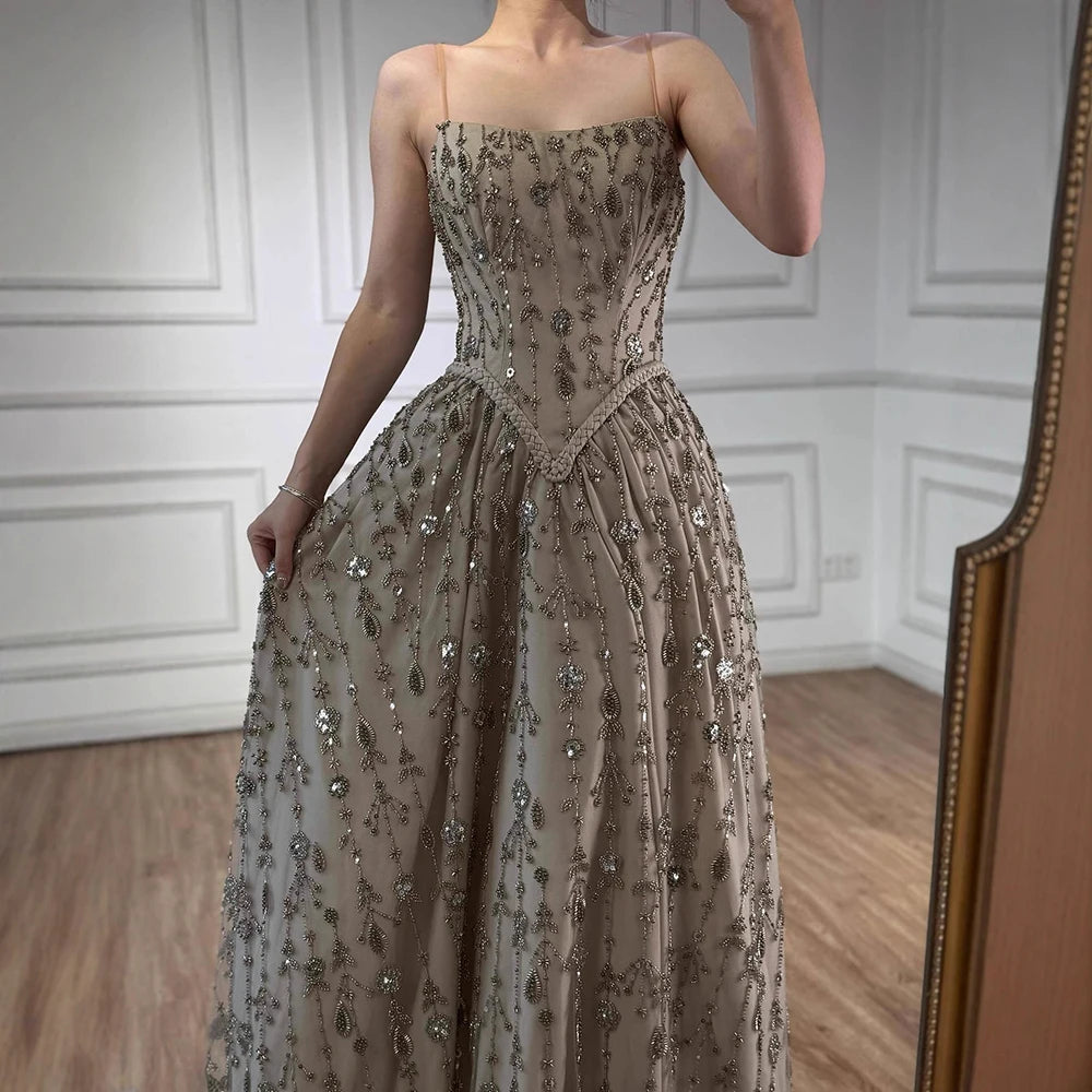 Luxury Sage Green Beaded A-Line Spaghetti Strap Evening Dress LA72805