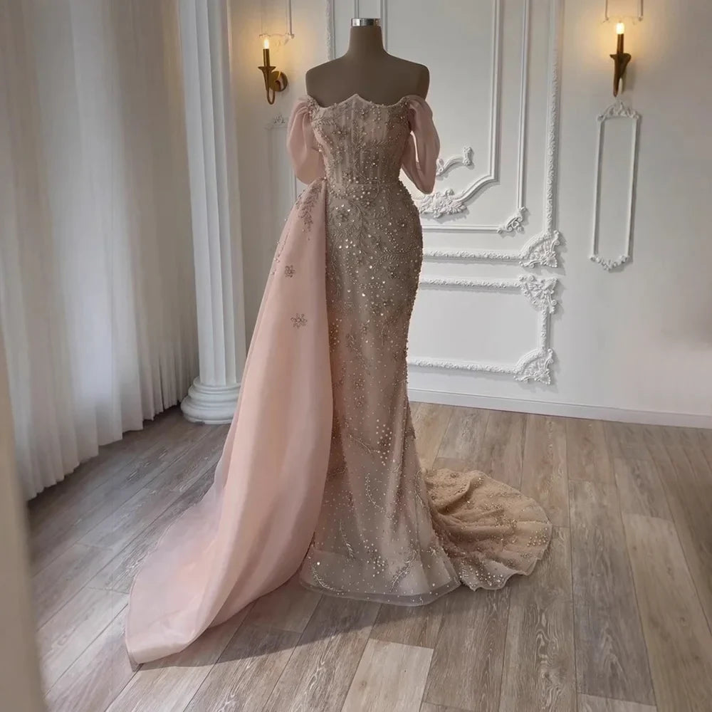 Luxury Nude Off Shoulder Pearl Beaded Mermaid Evening Dress with Overskirt LA73109