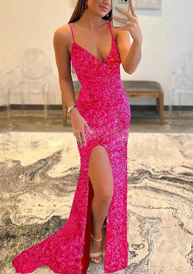 Serene Hill Arabic Blue Mermaid Spaghetti Straps Sparkly Sequined Prom Dress with Split for Women's Party LA72687