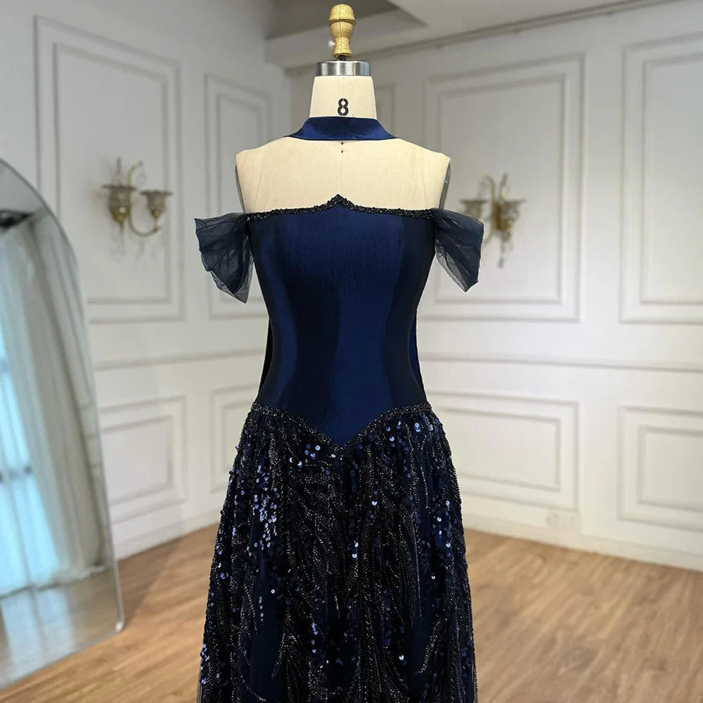 Luxury Arabic Navy A-Line Evening Dress with Beaded LA73050