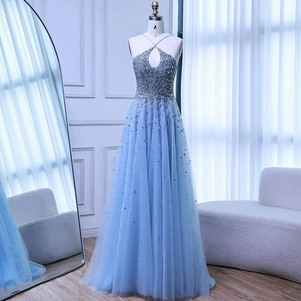 Caramel Halter Beaded Tulle A-Line Evening Gown Dubai Saudi LA72863