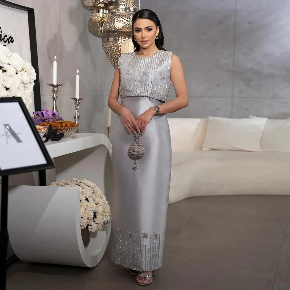 Luxury Dubai Luxury Saudi Beaded Gray Midi Formal Evening Dress for Arabic Occasion LA72761