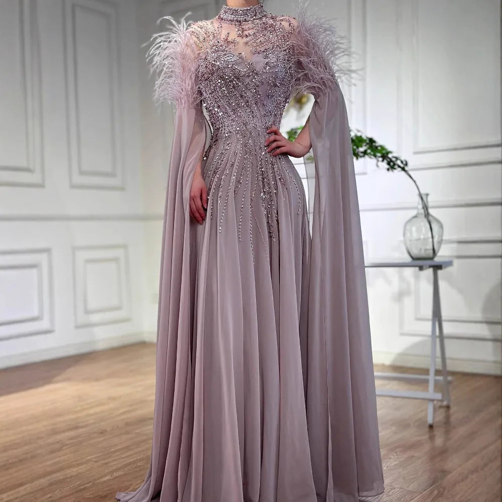 Luxury Pink Feather Beaded Evening Dress with Long Cape Sleeves LA72982
