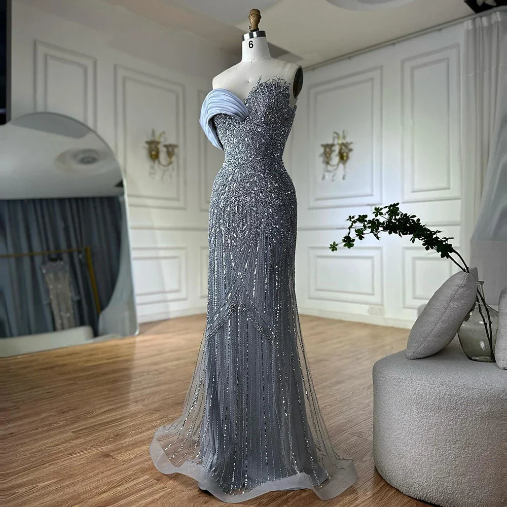 Luxury Dubai Arabic Green Mermaid Elegant One Shoulder Beaded Long Evening Dresses Gowns for Formal Occasion LA72650