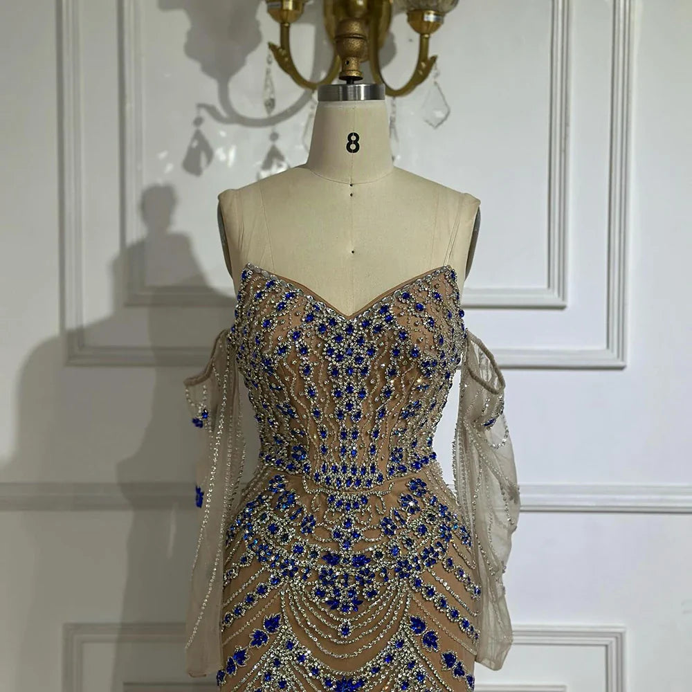 Luxury Blue Beaded Mermaid Evening Dress LA72858