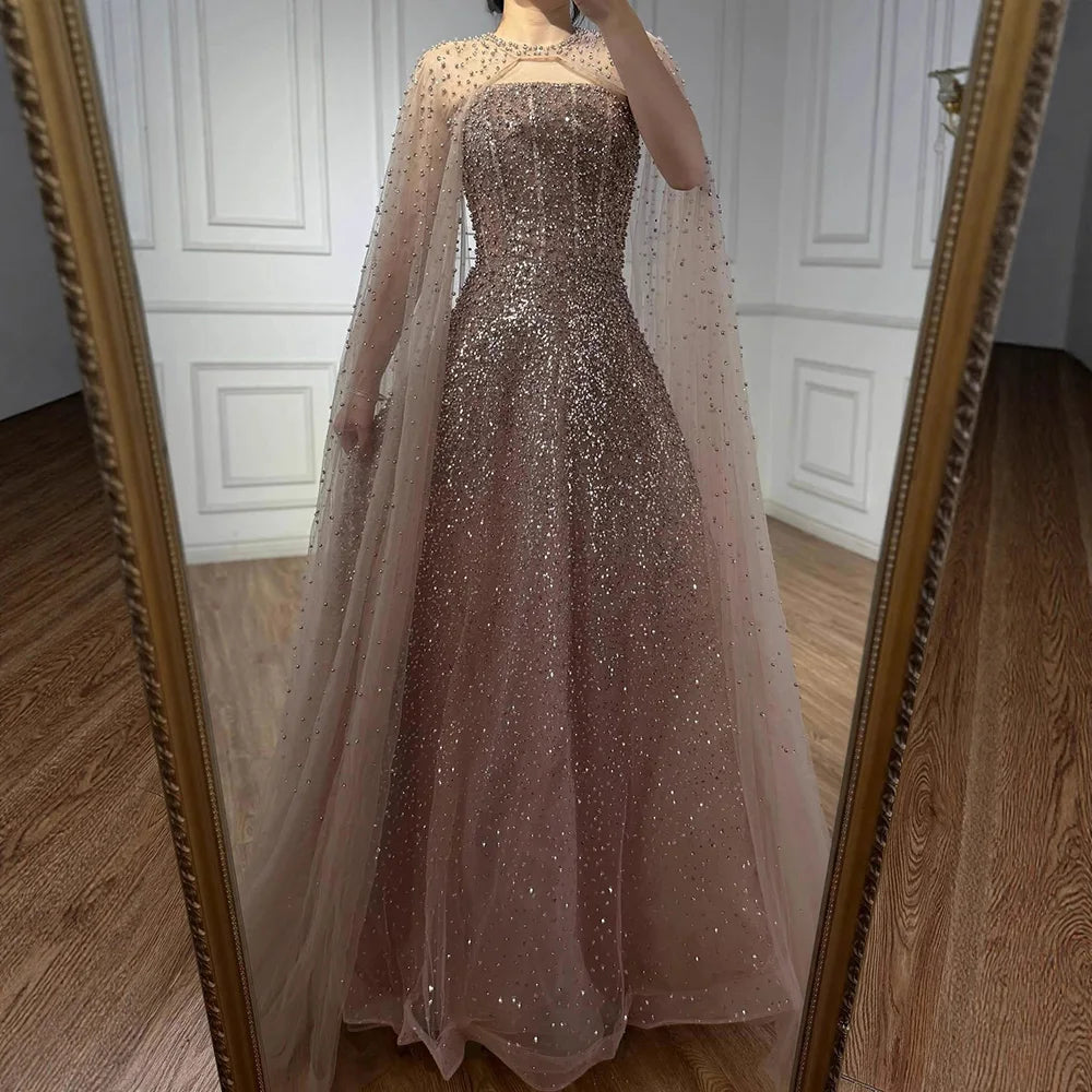 Luxury Arabic Blue A-Line Evening Dress with Cape Sleeves Plus Size LA72659