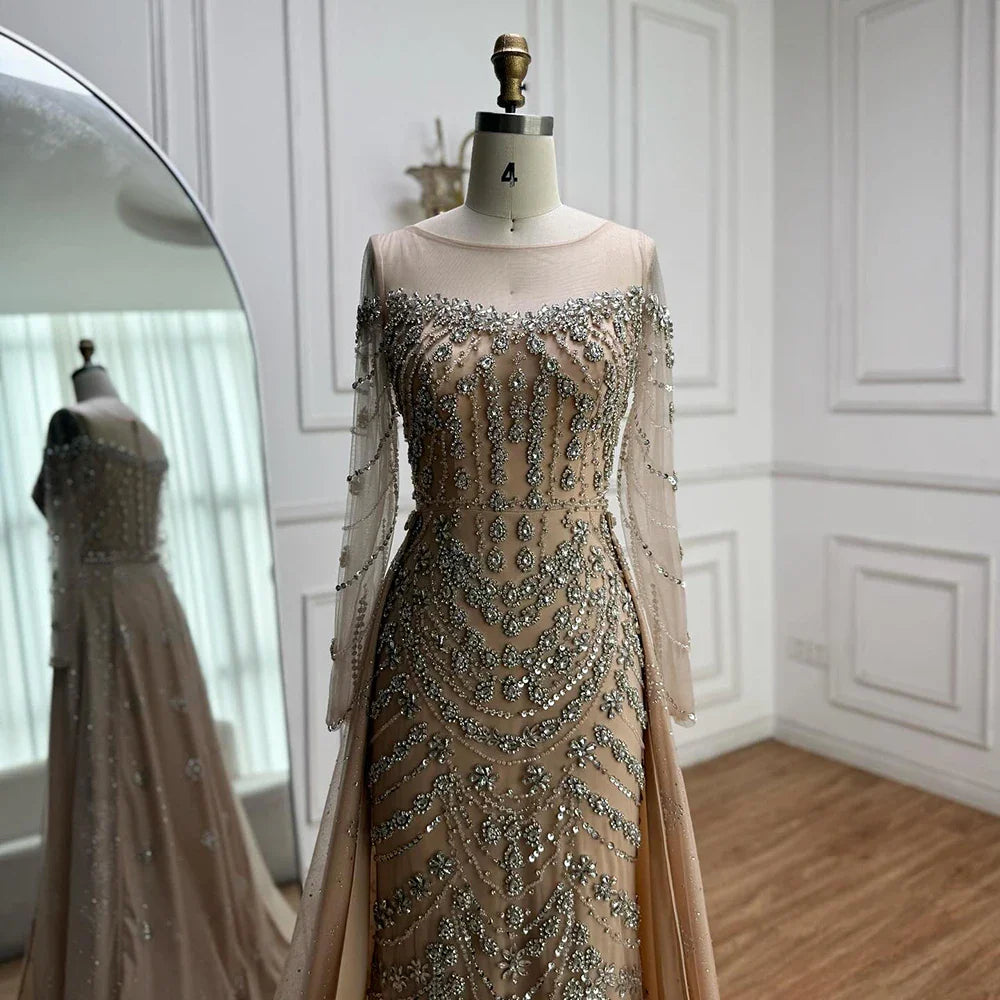 Luxury Off Shoulder Beaded Evening Dress with Long Sleeves and Train LA72930