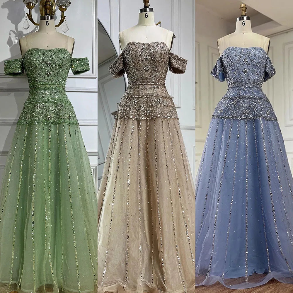 Serene Hill Off The Shoulder A-Line Caramel Beaded Luxury Evening Dress for Formal Occasion Saudi LA72709