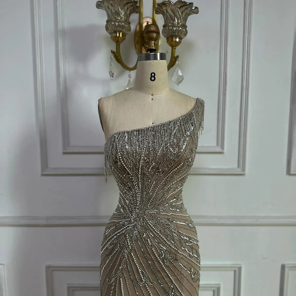 Luxury Caramel One Shoulder Beaded Slit Evening Gown with Tassel Detail LA72926