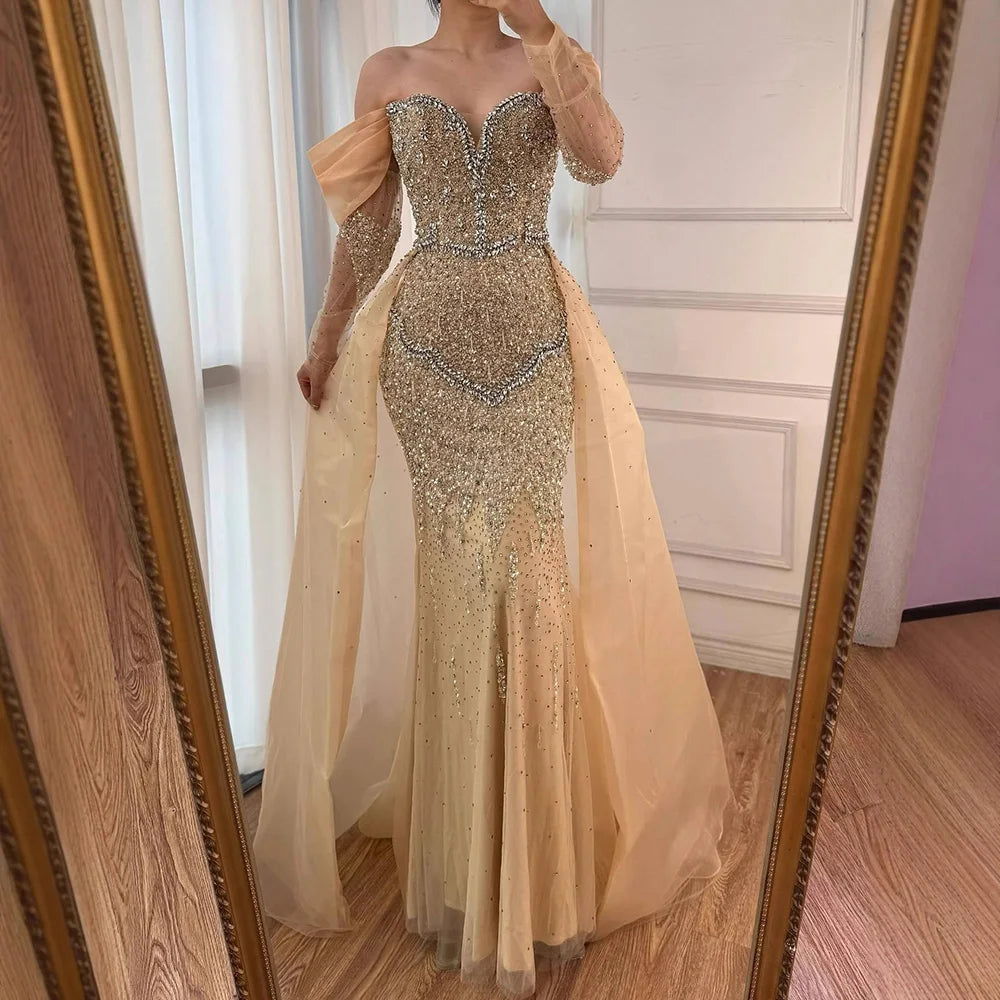Luxury Nude Beaded Mermaid Evening Dress With Overskirt LA72879