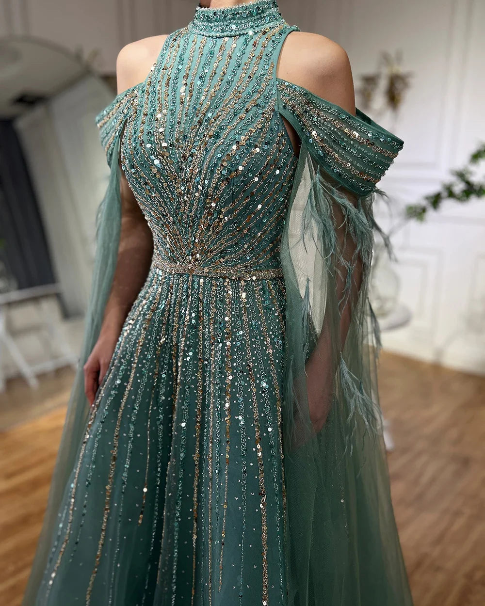 Serene Hill 2025 Arabic Turquoise Cape Sleeves A-Line Beaded Feathers Long Evening Gowns for Women Wedding Party LA72644