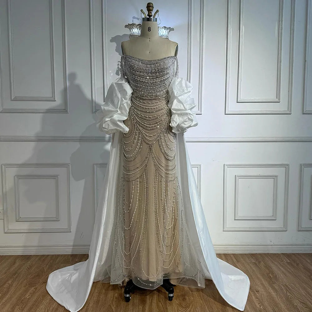 White Nude Beaded Mermaid Evening Dress with Satin Cape LA72253B