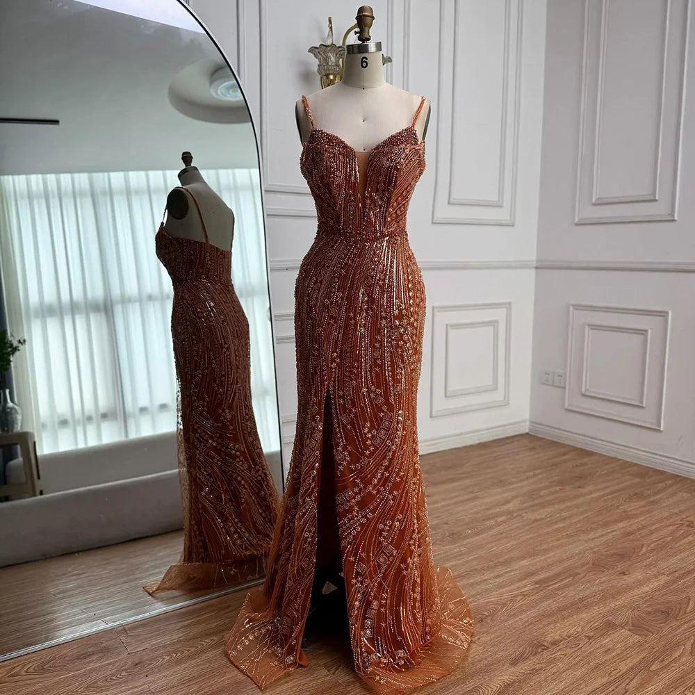 Orange Beaded Evening Dress with Slit Spaghetti Straps LA72542