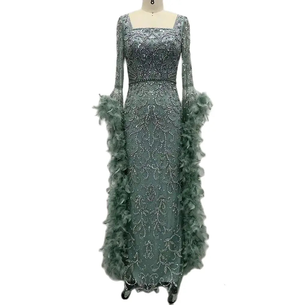 Luxuriöses Dubai-Abendkleid mit ausgestellten Ärmeln, Meerjungfrau-Stil, türkisfarbenen Perlen und Federn, für formelle Anlässe, LA72767