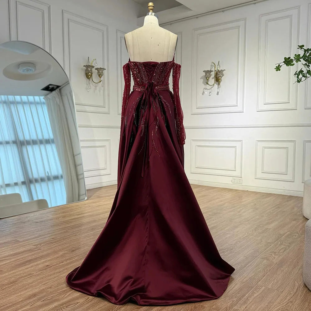 Luxury Wine Red Beaded Evening Dress Gown with Gloves and Overskirt LA72935