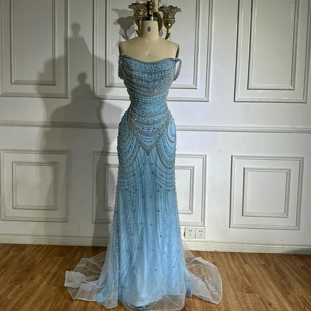 Luxury Crystal Silver Gray Pearl Beaded Evening Dress LA72253